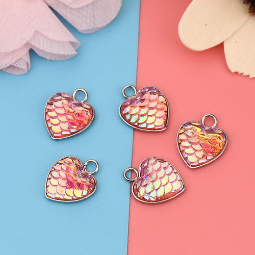 Picture of 304 Stainless Steel & Resin Mermaid Fish/ Dragon Scale Charms Heart Silver Tone Pink AB Color 16mm( 5/8") x 13mm( 4/8"), 10 PCs”