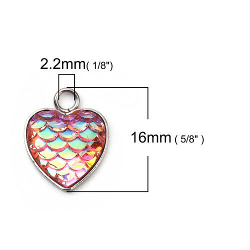 Picture of 304 Stainless Steel & Resin Mermaid Fish/ Dragon Scale Charms Heart Silver Tone Pink AB Color 16mm( 5/8") x 13mm( 4/8"), 10 PCs”