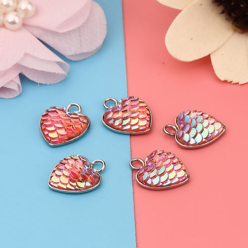 Picture of 304 Stainless Steel & Resin Mermaid Fish/ Dragon Scale Charms Heart Silver Tone Pink AB Color 16mm( 5/8") x 13mm( 4/8"), 10 PCs”