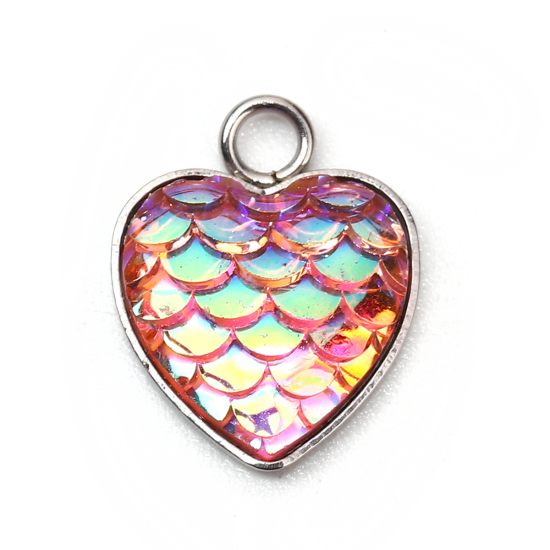 Picture of 304 Stainless Steel & Resin Mermaid Fish/ Dragon Scale Charms Heart Silver Tone Pink AB Color 16mm( 5/8") x 13mm( 4/8"), 10 PCs”