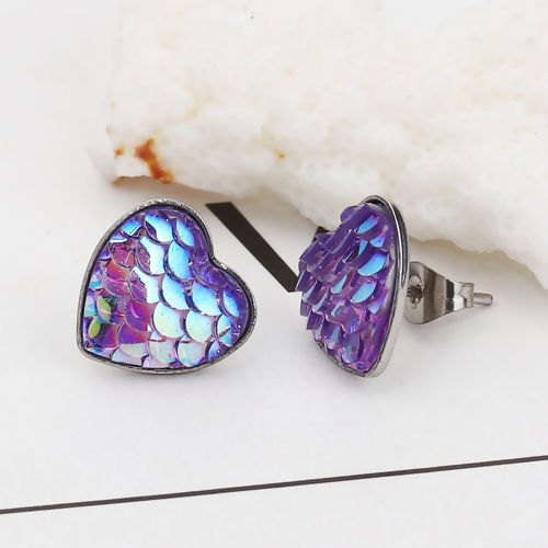 Picture of 304 Stainless Steel & Resin Mermaid Fish/ Dragon Scale Ear Post Stud Earrings Silver Tone Purple Heart AB Color 13mm( 4/8") x 13mm( 4/8"), Post/ Wire Size: (20 gauge), 1 Pair”