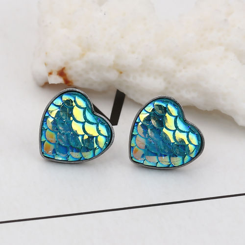 Picture of 304 Stainless Steel & Resin Mermaid Fish/ Dragon Scale Ear Post Stud Earrings Silver Tone Green Blue Heart AB Color 13mm( 4/8") x 13mm( 4/8"), Post/ Wire Size: (20 gauge), 1 Pair”