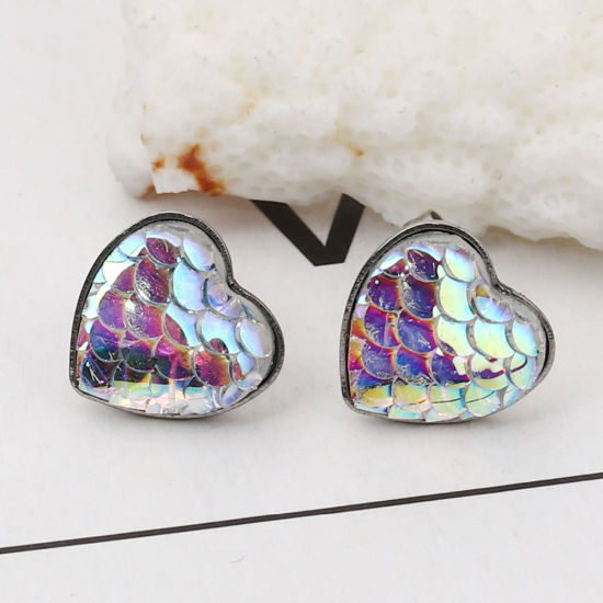 Picture of 304 Stainless Steel & Resin Mermaid Fish/ Dragon Scale Ear Post Stud Earrings Silver Tone Green Blue Heart AB Color 13mm( 4/8") x 13mm( 4/8"), Post/ Wire Size: (20 gauge), 1 Pair”