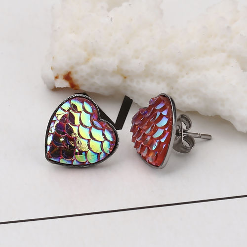Picture of 304 Stainless Steel & Resin Mermaid Fish/ Dragon Scale Ear Post Stud Earrings Silver Tone Pink Heart AB Color 13mm( 4/8") x 13mm( 4/8"), Post/ Wire Size: (20 gauge), 1 Pair”