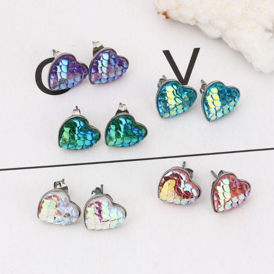 Picture of 304 Stainless Steel & Resin Mermaid Fish/ Dragon Scale Ear Post Stud Earrings Silver Tone Pink Heart AB Color 13mm( 4/8") x 13mm( 4/8"), Post/ Wire Size: (20 gauge), 1 Pair”