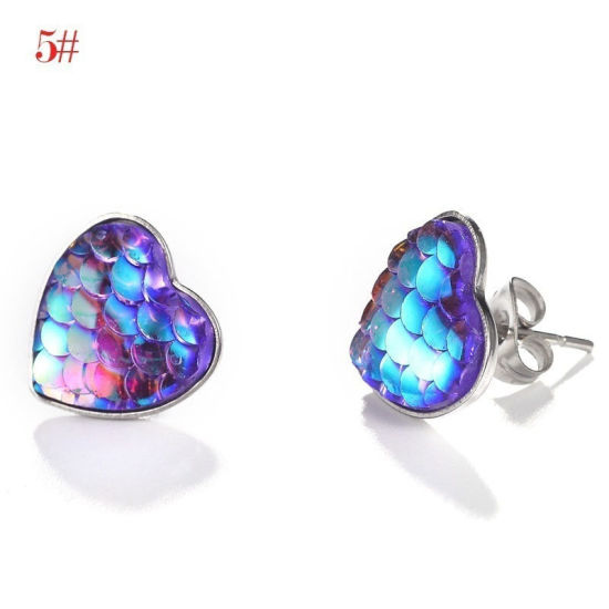 Picture of 304 Stainless Steel & Resin Mermaid Fish/ Dragon Scale Ear Post Stud Earrings Silver Tone White Heart AB Color 13mm( 4/8") x 13mm( 4/8"), Post/ Wire Size: (20 gauge), 1 Pair”