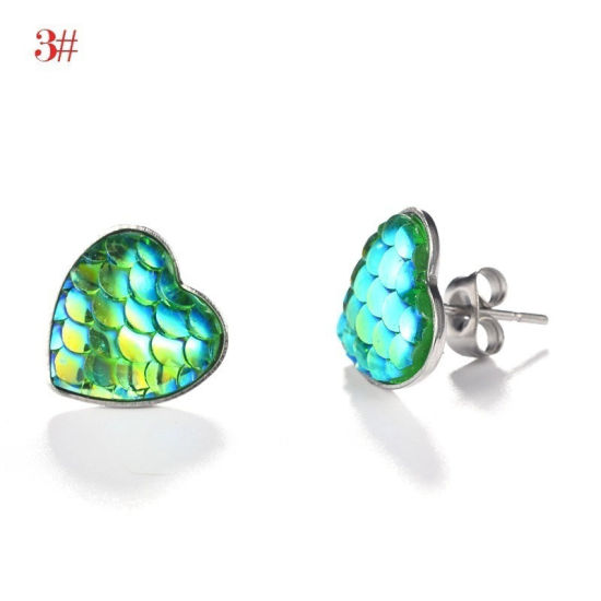 Picture of 304 Stainless Steel & Resin Mermaid Fish/ Dragon Scale Ear Post Stud Earrings Silver Tone White Heart AB Color 13mm( 4/8") x 13mm( 4/8"), Post/ Wire Size: (20 gauge), 1 Pair”