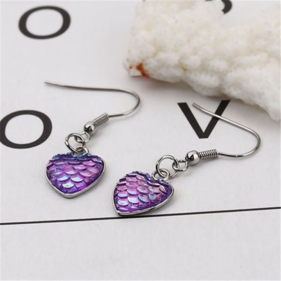 Picture of 304 Stainless Steel & Resin Mermaid Fish/ Dragon Scale Earrings Silver Tone Purple Heart AB Color 39mm(1 4/8") x 13mm( 4/8"), Post/ Wire Size: (21 gauge), 1 Pair”