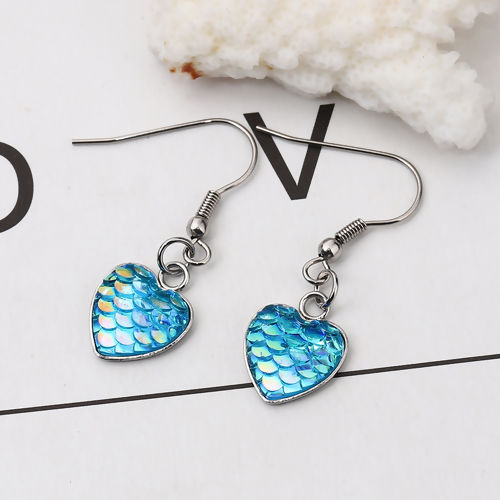 Picture of 304 Stainless Steel & Resin Mermaid Fish/ Dragon Scale Earrings Silver Tone Green Blue Heart AB Color 39mm(1 4/8") x 13mm( 4/8"), Post/ Wire Size: (21 gauge), 1 Pair”
