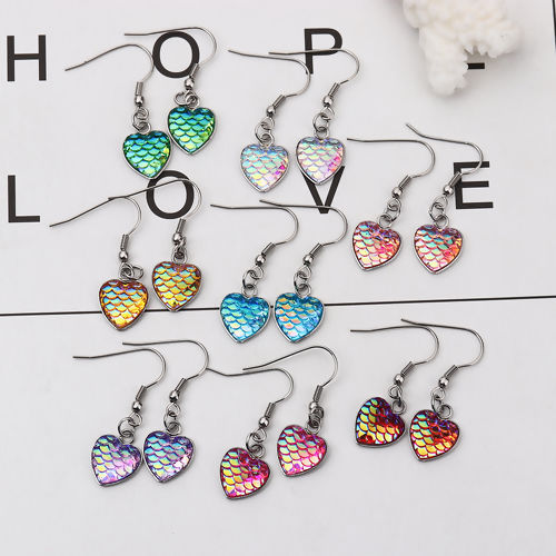 Picture of 304 Stainless Steel & Resin Mermaid Fish/ Dragon Scale Earrings Silver Tone Green Blue Heart AB Color 39mm(1 4/8") x 13mm( 4/8"), Post/ Wire Size: (21 gauge), 1 Pair”