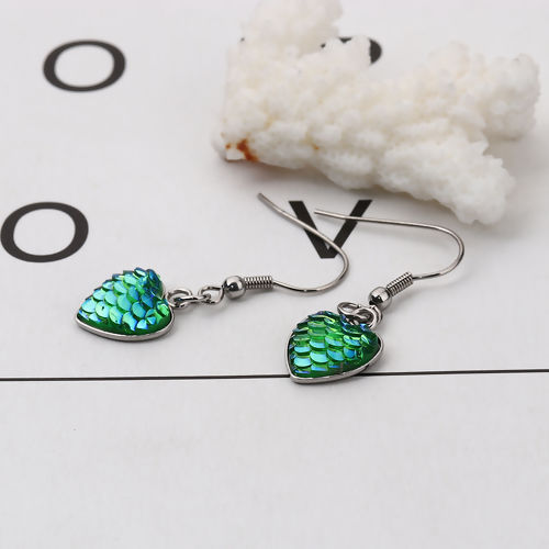 Picture of 304 Stainless Steel & Resin Mermaid Fish/ Dragon Scale Earrings Silver Tone Green Heart AB Color 39mm(1 4/8") x 13mm( 4/8"), Post/ Wire Size: (21 gauge), 1 Pair”