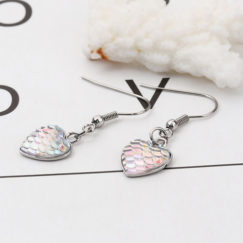 Picture of 304 Stainless Steel & Resin Mermaid Fish/ Dragon Scale Earrings Silver Tone White Heart AB Color 39mm(1 4/8") x 13mm( 4/8"), Post/ Wire Size: (21 gauge), 1 Pair”