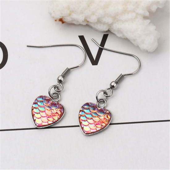 Picture of 304 Stainless Steel & Resin Mermaid Fish/ Dragon Scale Earrings Silver Tone White Heart AB Color 39mm(1 4/8") x 13mm( 4/8"), Post/ Wire Size: (21 gauge), 1 Pair”