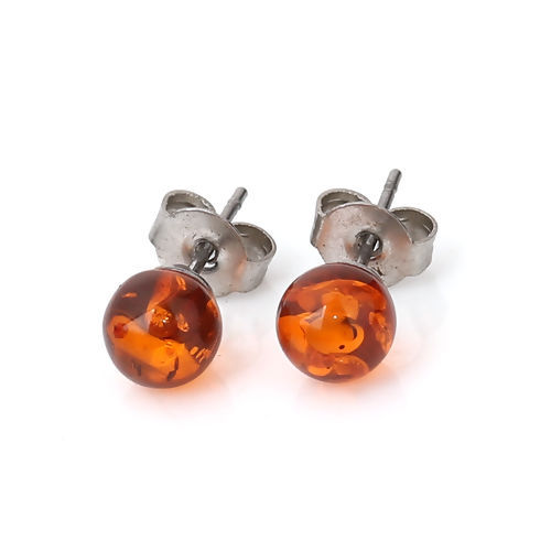 Image de 316 Boucles d'Oreilles Puces en Acier Inoxydable Argent Mat Roux Boule d'Agate Synthétique Transparent 6mm Dia. Epaisseur de Fil: (21 gauge), 1 Paire”