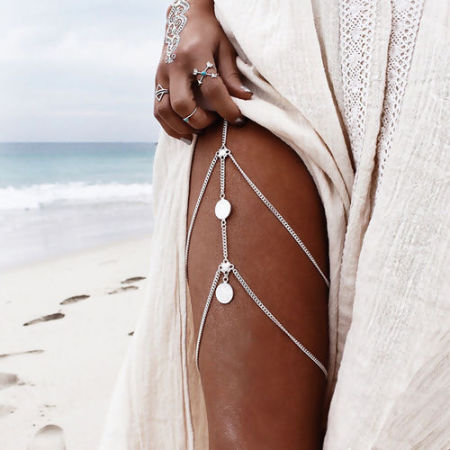 Picture of Boho Chic Body Leg Bracelet Chain Necklace Silver Tone Flower Coin Tassel 52cm(20 4/8") long 45cm(17 6/8") long, 1 Piece