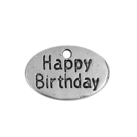 Zamak Colgantes Charms Óvalo Plata Antigua " Feliz Cumpleaños " 15mm x 10mm, 20 Unidades