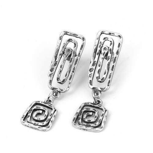 Image de Boucles d'Oreilles Puces en Alliage de Zinc Rectangle Argent Vieilli Spiral 46mm x 13mm, Epaisseur de Fil: (21 gauge), 2 Pcs