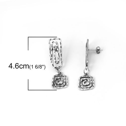 Image de Boucles d'Oreilles Puces en Alliage de Zinc Rectangle Argent Vieilli Spiral 46mm x 13mm, Epaisseur de Fil: (21 gauge), 2 Pcs