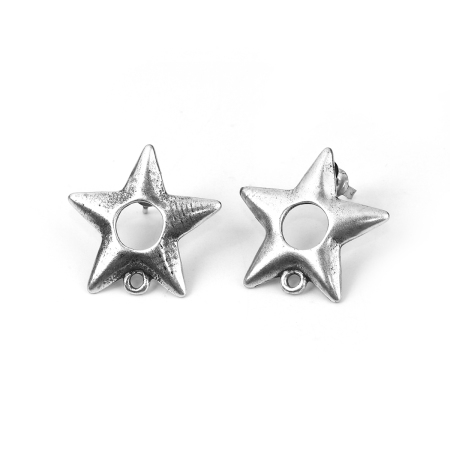 Immagine di Lega di Zinco Orecchini a Perno Tappi di Orecchini Stella a Cinque Punte Argento Antico W/ Loop 23mm x 22mm, Diametro Filo: (21 misura), 2 Pz