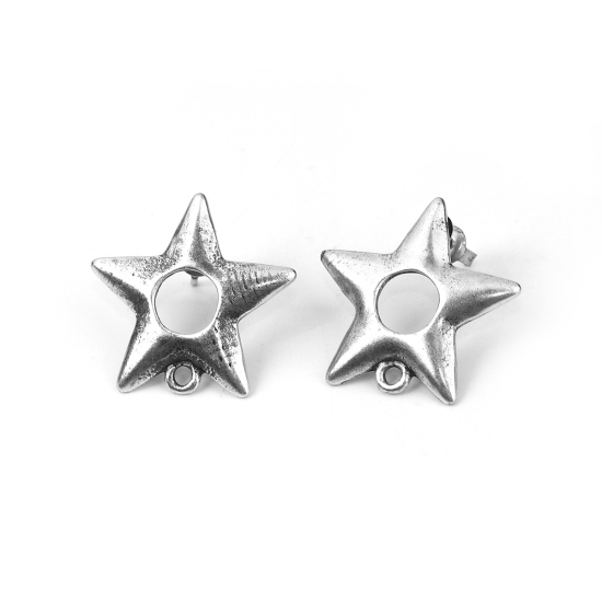 Picture of Zinc Based Alloy Ear Post Stud Earrings Findings Pentagram Star Antique Silver W/ Loop 23mm x 22mm, Post/ Wire Size: (21 gauge), 2 PCs