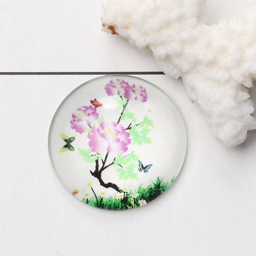 Bild von Glas Dom Cabochon Verzierung Rund Platt Lila Blumen Muster Transparent 30mm D., 3 Stück