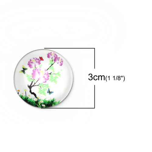 Bild von Glas Dom Cabochon Verzierung Rund Platt Lila Blumen Muster Transparent 30mm D., 3 Stück