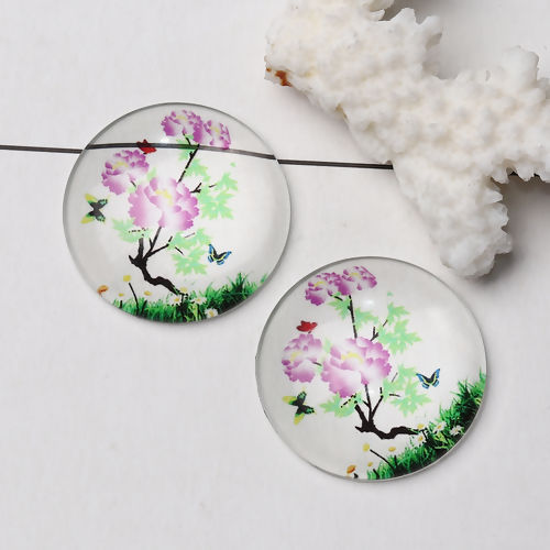 Bild von Glas Dom Cabochon Verzierung Rund Platt Lila Blumen Muster Transparent 30mm D., 3 Stück