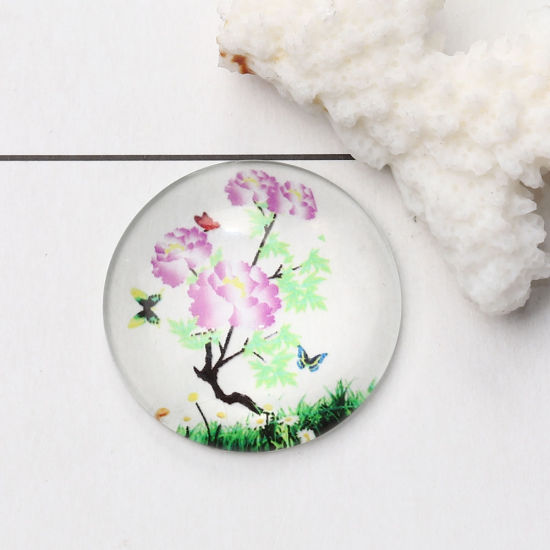 Bild von Glas Dom Cabochon Verzierung Rund Platt Lila Blumen Muster Transparent 30mm D., 3 Stück
