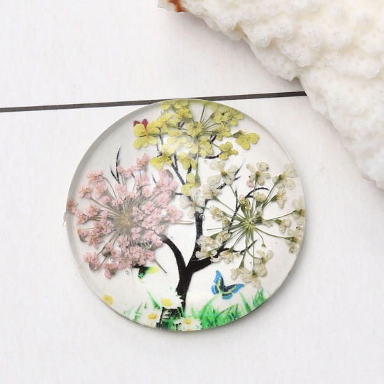 Bild von Glas Dom Cabochon Verzierung Rund Platt Lila Blumen Muster Transparent 30mm D., 3 Stück