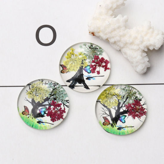 Bild von Glas Dom Cabochon Verzierung Rund Platt Lila Blumen Muster Transparent 30mm D., 3 Stück