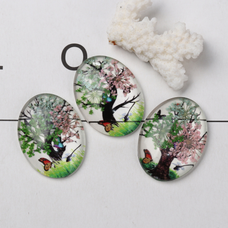 Picture of Glass & Dried Flower Dome Seals Cabochon Oval Flatback At Random Mixed Tree Pattern Transparent 40mm(1 5/8") x 30mm(1 1/8"), 3 PCs