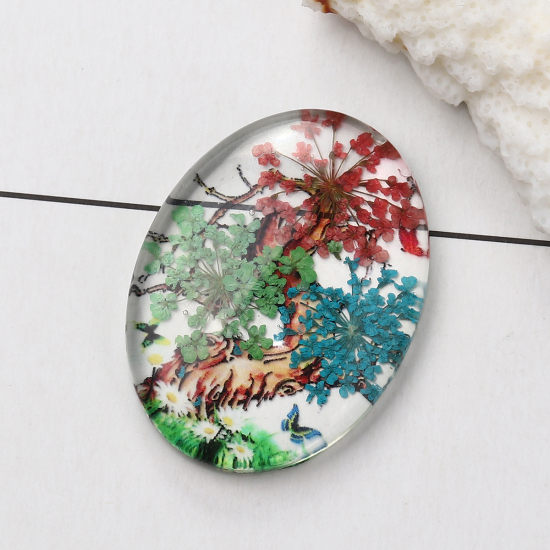 Image de Cabochon Dôme en Verre & Fleurs Séchées Ovale Dos Plat Multicolore Arbres Transparent 40mm x 30mm, 3 Pcs