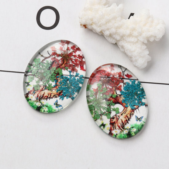 Image de Cabochon Dôme en Verre & Fleurs Séchées Ovale Dos Plat Multicolore Arbres Transparent 40mm x 30mm, 3 Pcs