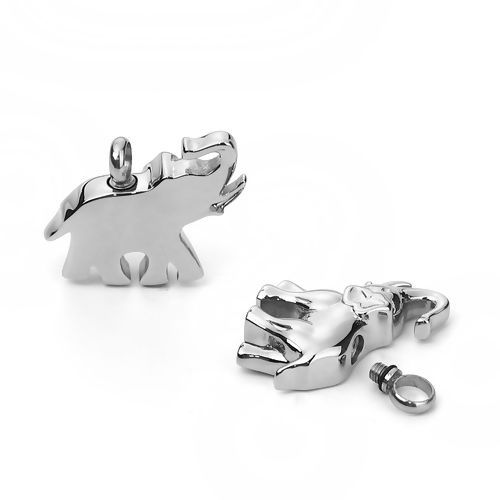 Picture of 304 Stainless Steel Cremation Ash Urn Pendants Elephant Animal Silver Tone 30mm(1 1/8") x 26mm(1"), 1 Piece”