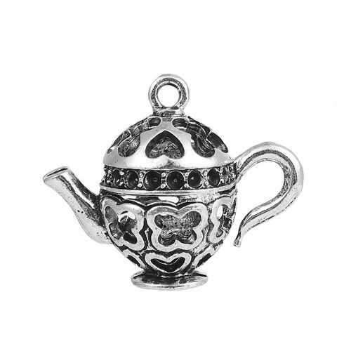 Picture of Zinc Based Alloy 3D Pendants Teapot Antique Silver Color Heart 34mm(1 3/8") x 27mm(1 1/8"), 2 PCs