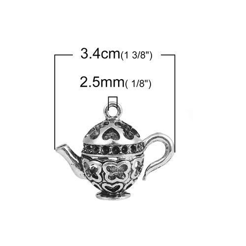 Picture of Zinc Based Alloy 3D Pendants Teapot Antique Silver Color Heart 34mm(1 3/8") x 27mm(1 1/8"), 2 PCs