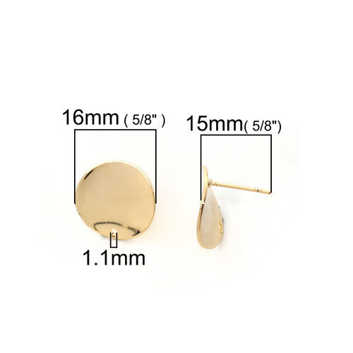 Picture of Brass Ear Post Stud Earrings 18K Real Gold Plated Round 16mm( 5/8") x 16mm( 5/8"), Post/ Wire Size: (20 gauge), 4 PCs