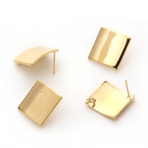 Bild von Messing Ohrring Ohrstecker Echtgold plattiert Raute M/Öse 26mm x 26mm, Drahtstärke: (20 gauge), 4 Stück
