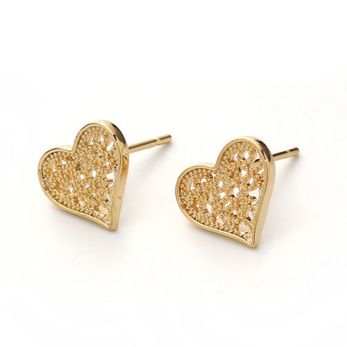 Picture of Brass Ear Post Stud Earrings 18K Real Gold Plated Heart 11mm( 3/8") x 9mm( 3/8"), Post/ Wire Size: (20 gauge), 4 PCs