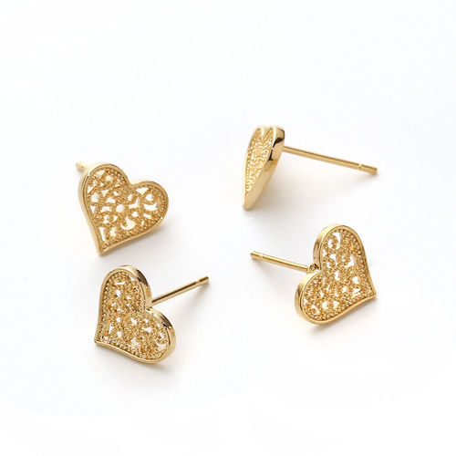 Picture of Brass Ear Post Stud Earrings 18K Real Gold Plated Heart 11mm( 3/8") x 9mm( 3/8"), Post/ Wire Size: (20 gauge), 4 PCs