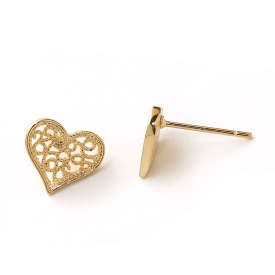 Picture of Brass Ear Post Stud Earrings 18K Real Gold Plated Heart 11mm( 3/8") x 9mm( 3/8"), Post/ Wire Size: (20 gauge), 4 PCs