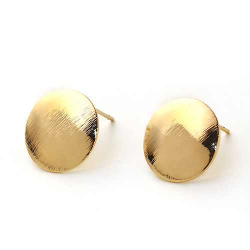 Picture of Brass Ear Post Stud Earrings 18K Real Gold Plated Round W/ Loop Drawbench 15mm( 5/8") Dia., Post/ Wire Size: (20 gauge), 4 PCs