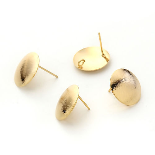 Picture of Brass Ear Post Stud Earrings 18K Real Gold Plated Round W/ Loop Drawbench 15mm( 5/8") Dia., Post/ Wire Size: (20 gauge), 4 PCs