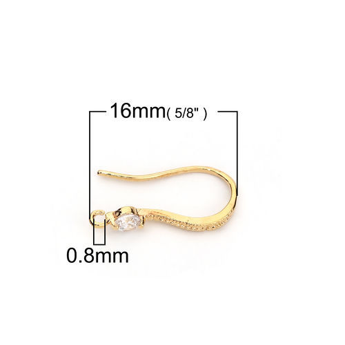 Immagine di Ottone Ganci per Orecchini Vero Oro Placcato W/ Loop Trasparente Strass 16mm x 3mm, Dimensione di Posta / Cavo: (20 misura), 4 Pz