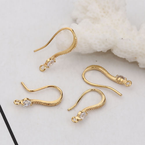 Immagine di Ottone Ganci per Orecchini Vero Oro Placcato W/ Loop Trasparente Strass 16mm x 3mm, Dimensione di Posta / Cavo: (20 misura), 4 Pz