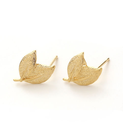 Picture of Brass Ear Post Stud Earrings 18K Real Gold Plated Leaf Sparkledust 15mm( 5/8") x 11mm( 3/8"), Post/ Wire Size: (20 gauge), 4 PCs                                                                                                                              