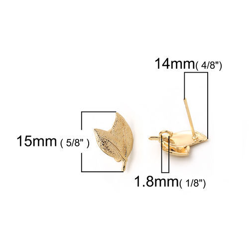 真鍮 イヤリング リアルゴールドメッキ 葉 スターダスト 15mm x 11mm、 ワイヤーサイズ: （20号）、 4 個 の画像
