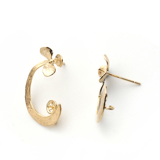 Image de Boucles d'Oreilles Puces en Laiton Plaqué Or Véritable Arc Fleurs avec Boucle 27mm x 18mm, Epaisseur de Fil: (20 gauge), 2 Pcs