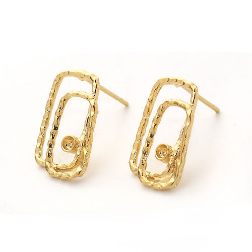 Picture of Brass Ear Post Stud Earrings 18K Real Gold Plated Rectangle Circle Ring (Can Hold ss6 Pointed Back Rhinestone) 17mm( 5/8") x 10mm( 3/8"), Post/ Wire Size: (21 gauge), 4 PCs