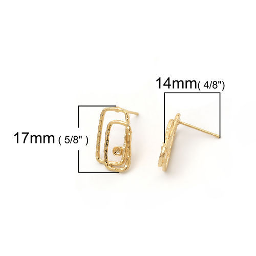 Picture of Brass Ear Post Stud Earrings 18K Real Gold Plated Rectangle Circle Ring (Can Hold ss6 Pointed Back Rhinestone) 17mm( 5/8") x 10mm( 3/8"), Post/ Wire Size: (21 gauge), 4 PCs